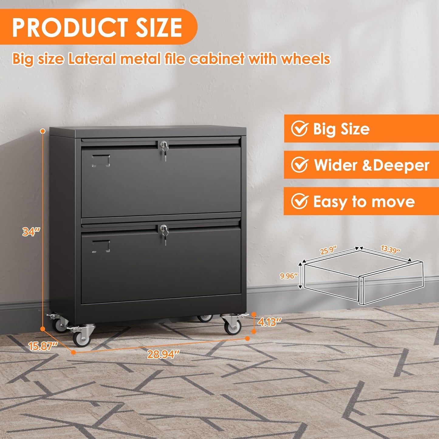 Aobabo Metal 2 Drawer Lateral File Mobile Cabinet with 2 Lock, Flie Cabinet with Wheels and Adjustable File Bars for Office,Home, for Letter/Legal Size, Black, Assembly Required