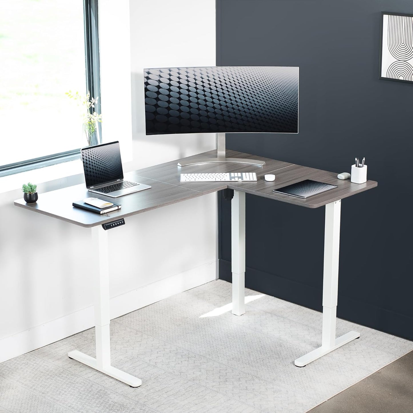 VIVO Electric Corner L-Shaped 63 x 47 in Standing Desk, Memory Height Adjustment, Dark Gray Top White Frame, DESK-E3CTWG-47