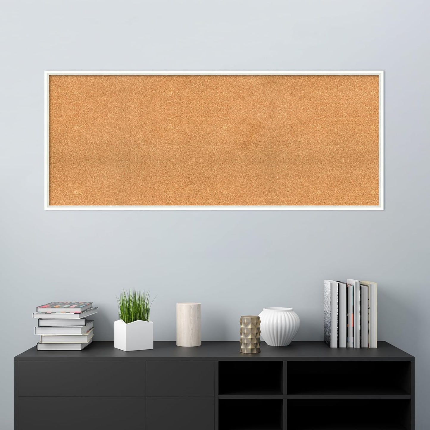 Amanti Art Natural Cork Board for Wall, 25x61 Vision Board with White Frame, Oversize Corkboard Office Decor for Home Organization, Modern Corkboard Pinboard to Display Items for Home Organization in