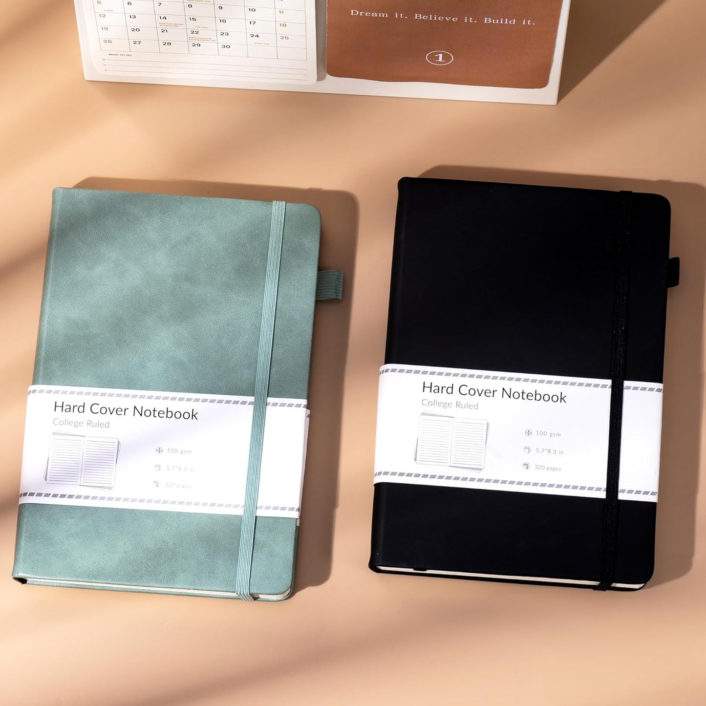 CAGIE 2 Pack Notebooks Journals for Women Men Hardcover A5 Journaling Notebooks Leather Journals for Writing Thick Journal Supplies Diary, Green& Black