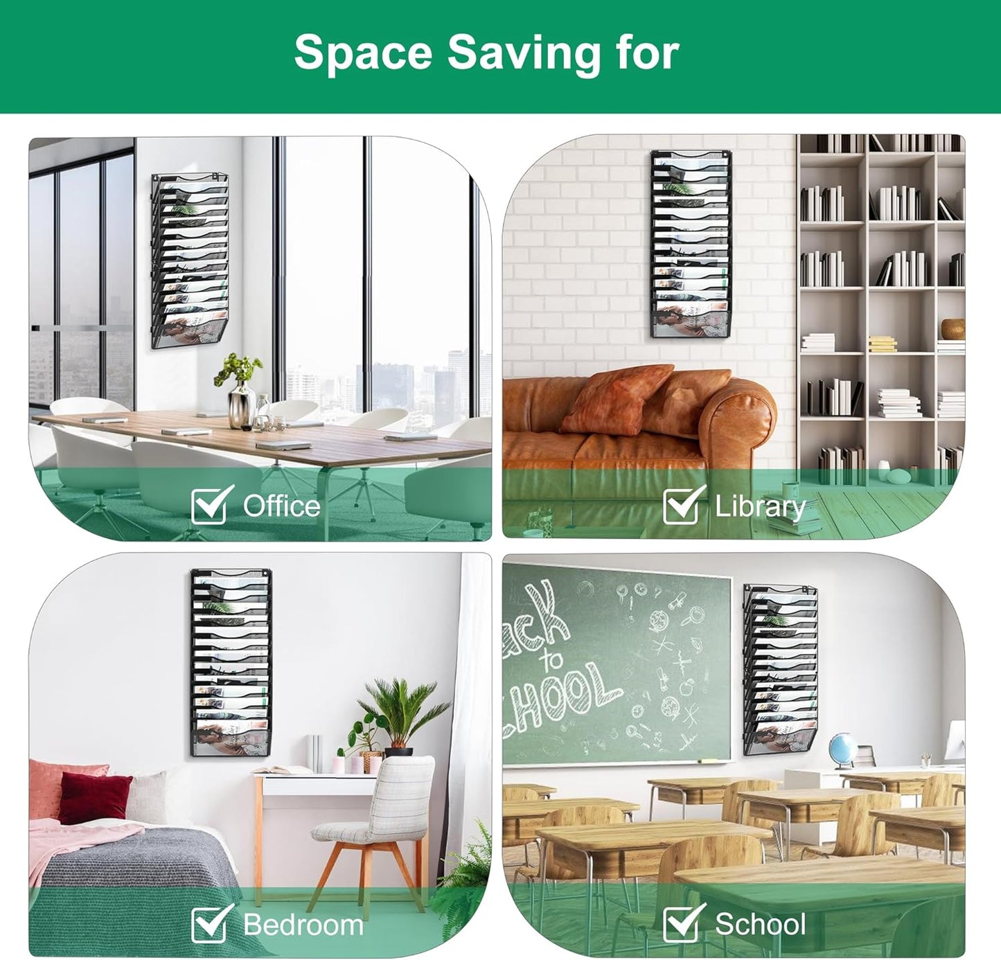 14-Pocket Wall File Organizer, Hanging Mail Organizer Wall Mounted Paper Document Holder, Metal Clipboard Storage Basket for Office Home School Organization, Black