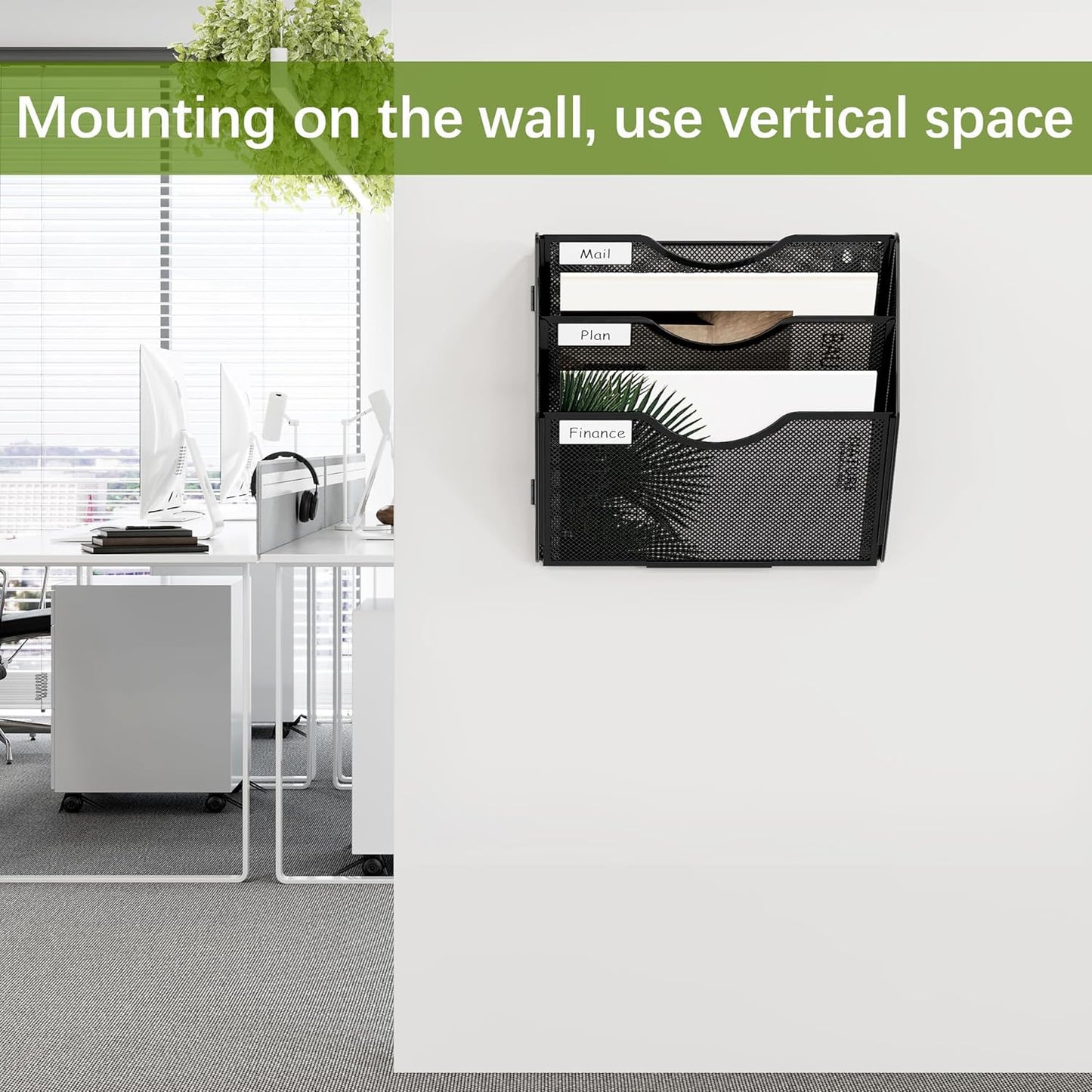 EasyPAG Wall File Holder Organizer 3 Pocket Mesh Hanging Wall Mounted Document Paper Folder Filing Magazine Rack with Nametag Label for Office Home School, Black