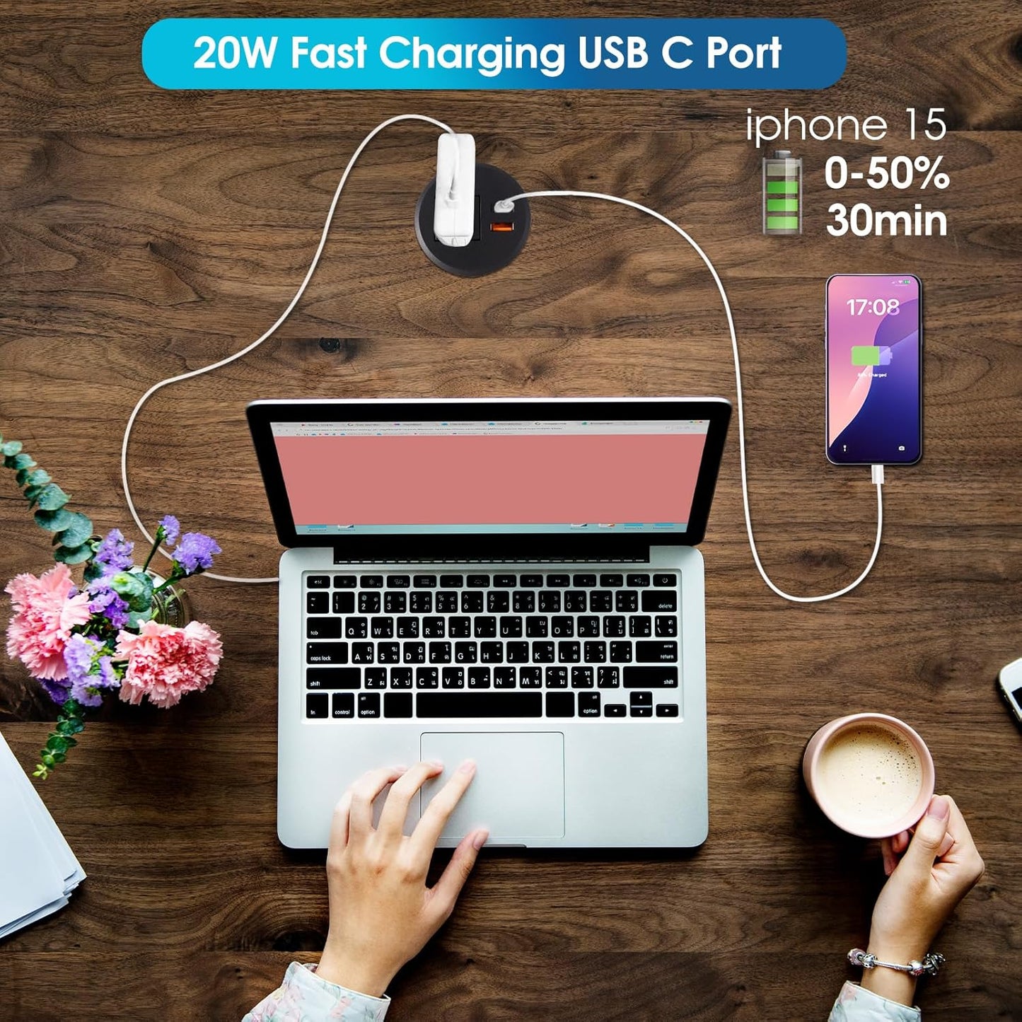 Desk Power Grommet 2.5‘’ Hole, Desktop Power Grommet, USB C 20W Fast Charging Station, Recessed Power Strip for Desk, Furniture, Office Table, Work & Living Space Essential (1 Pack)