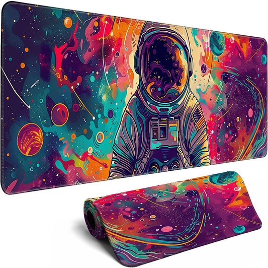 Desk Mat Colorful Space Desk Accessories Astronaut Extended Gaming Mouse Desk Pad Decorations for Office Keyboard Mousepad Mat31.5x11.8in, Stitched Edge Non-Slip Bottom Large Mouse Pad