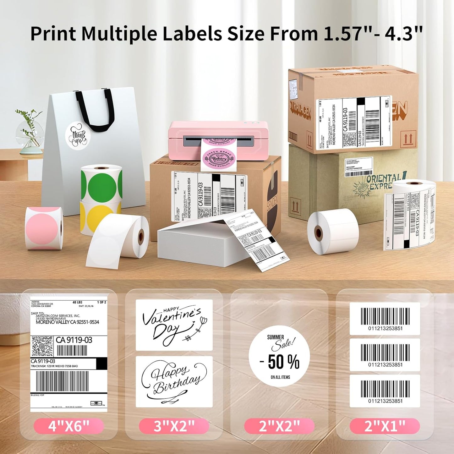 Bluetooth Thermal Shipping Label Printer, 4X6 Inkless Label Machine for iOS, Android, Laptop, Wireless Printer for Small Business, Compatible with Amazon, UPS, Shopify, Pink