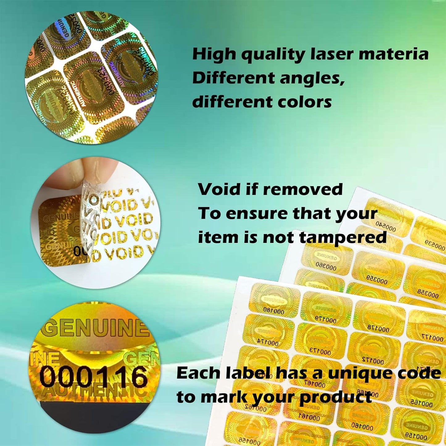 380pcs Hologram Tamper Evident Stickers Security Sticker Warranty Void Seal Tamper Proof Labels Stickers with Unique Sequential Serial Numbering (Gold,1 X 0.6 Inch,GQYH)