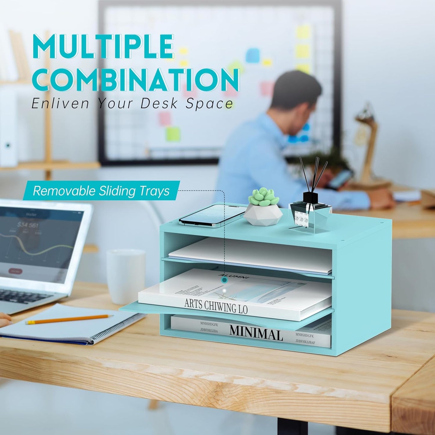 SUPEASY Wood Desk Organizer, 3 Tier Paper File Organizer for Desk, Wooden Desktop Organizer, Paper Letter Literature Mail Sorter, for Office School & Home Organization, Blue