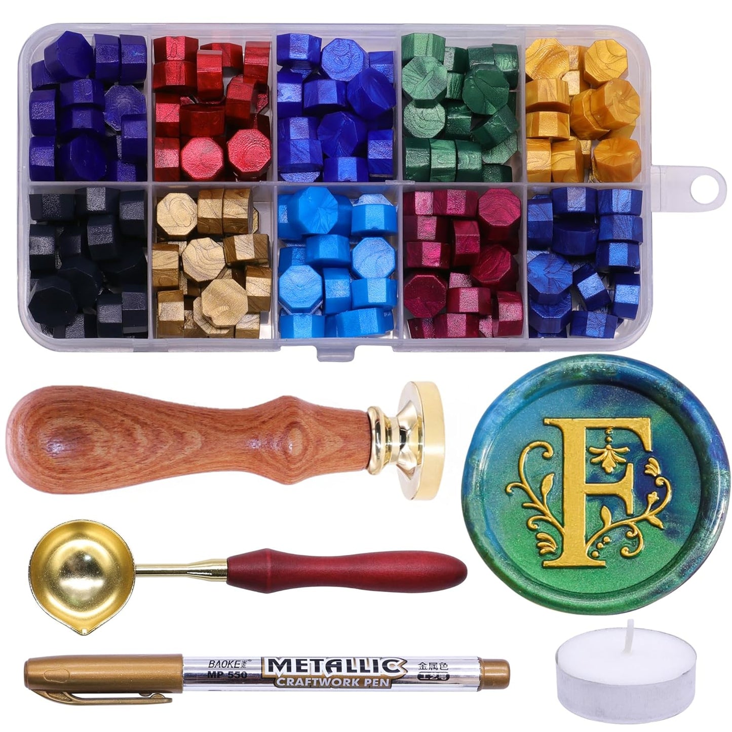 SWANGSA Initial Alphabet F Wax Seal Stamp Kit, Classic Retro Letter Sealing Stamp with 200pcs Sealing Wax Beads Kit for Wedding Invitations Cards Envelopes (F)