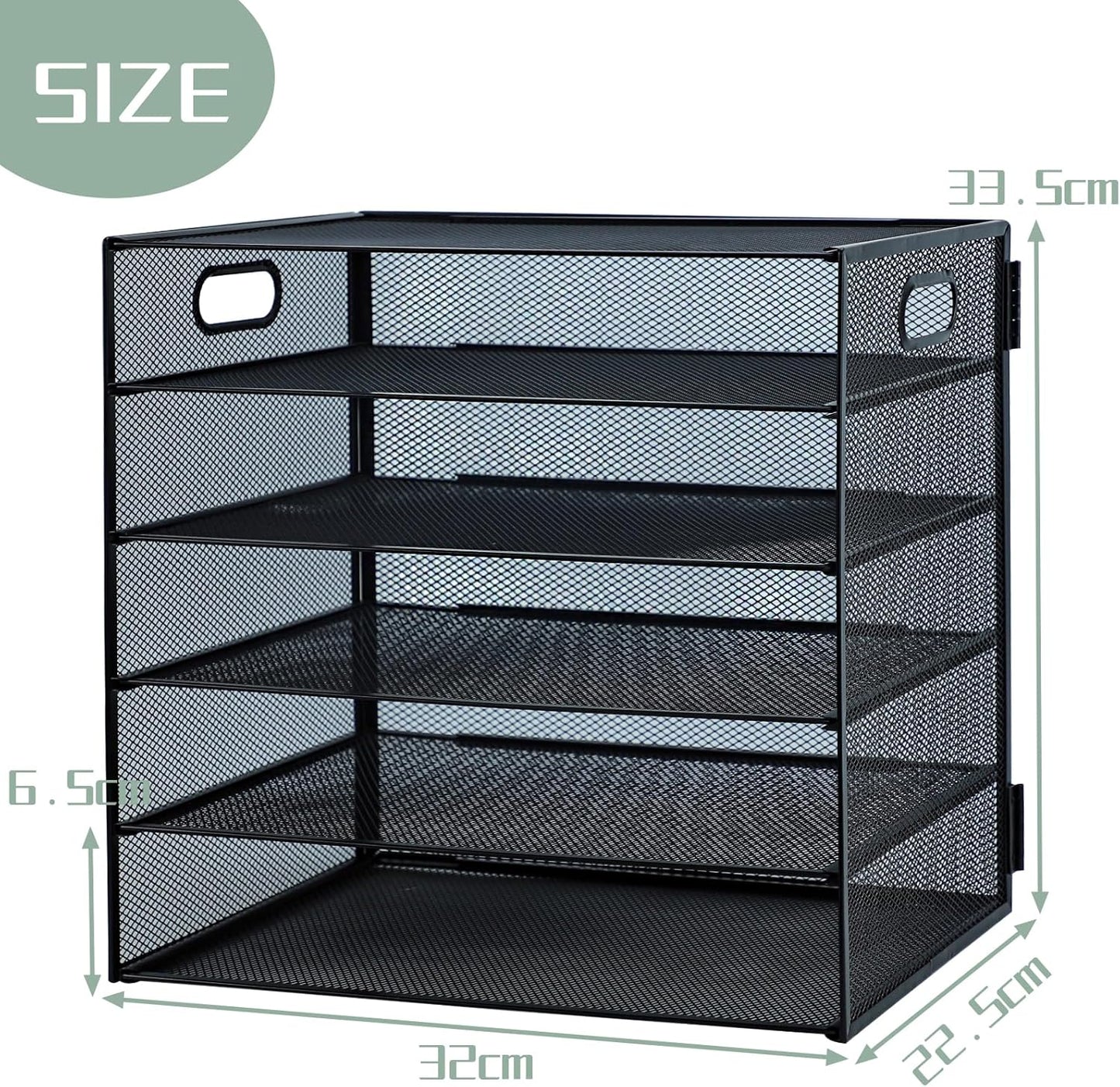 Paper Letter Tray with Handle, 5 Tier Metal Mesh Desk File Organizer, A4 Paper Desktop Filing Trays, Desk Tidy Magazine Document Holder for Home Office, Black