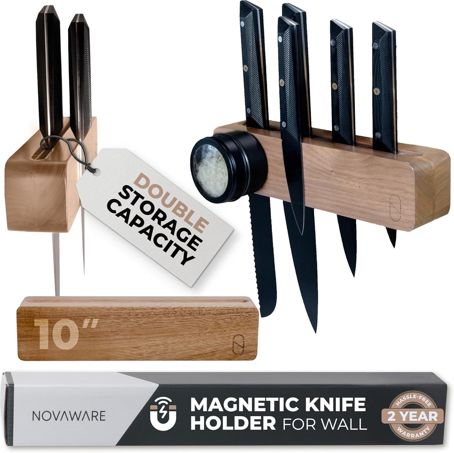 Premium 10 inch Magnetic Knife Holder for Wall with 2x Storage & Charming Wood - Knife Magnetic Strip, Under Cabinet Magnet Knives Storage - Magnet Strip Rack Kitchen Utensil Holder Organizer Tool