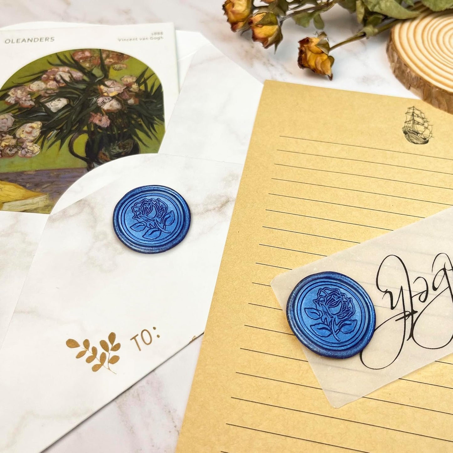 50Pcs Wax Seal Stickers Handmade Envelope Seals Self Adhesive Wax Stickers for Wedding Party Invitations, Envelope, Gift Wrap, Christmas(Rose Style, Blue)
