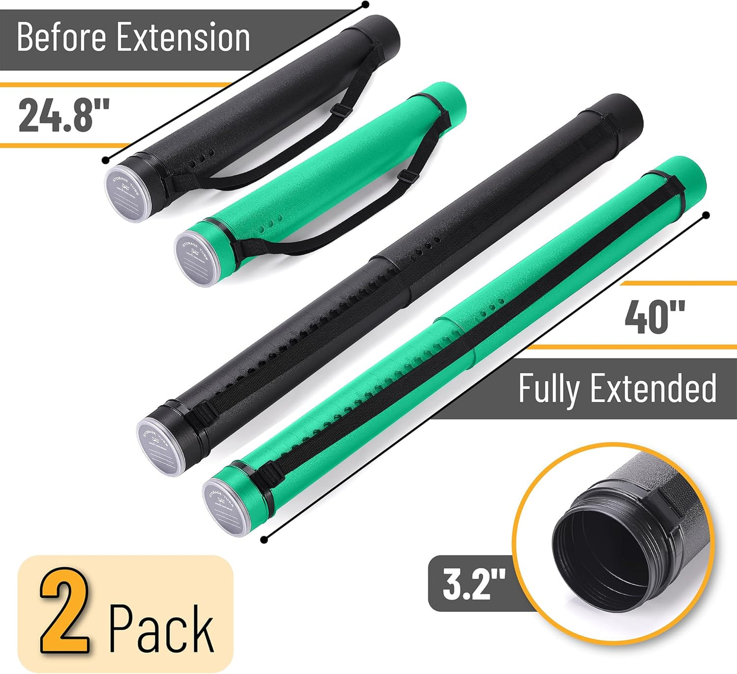 Mr. Pen- Poster Tube, 2 Pack, Black and Green, Extendable Poster Tube with Strap, Poster Carrying Case, Telescoping Tube, Art & Poster Transport Tubes, Poster Tubes for Storage, Poster Holder Tube