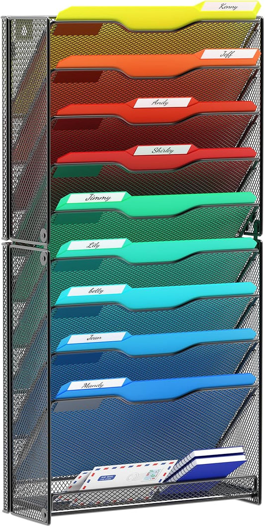 samstar 10 Tier Wall File Organizer, Hanging Wall Mount File Holder Paper Folder Mail Organizer, Mesh Metal, Black.