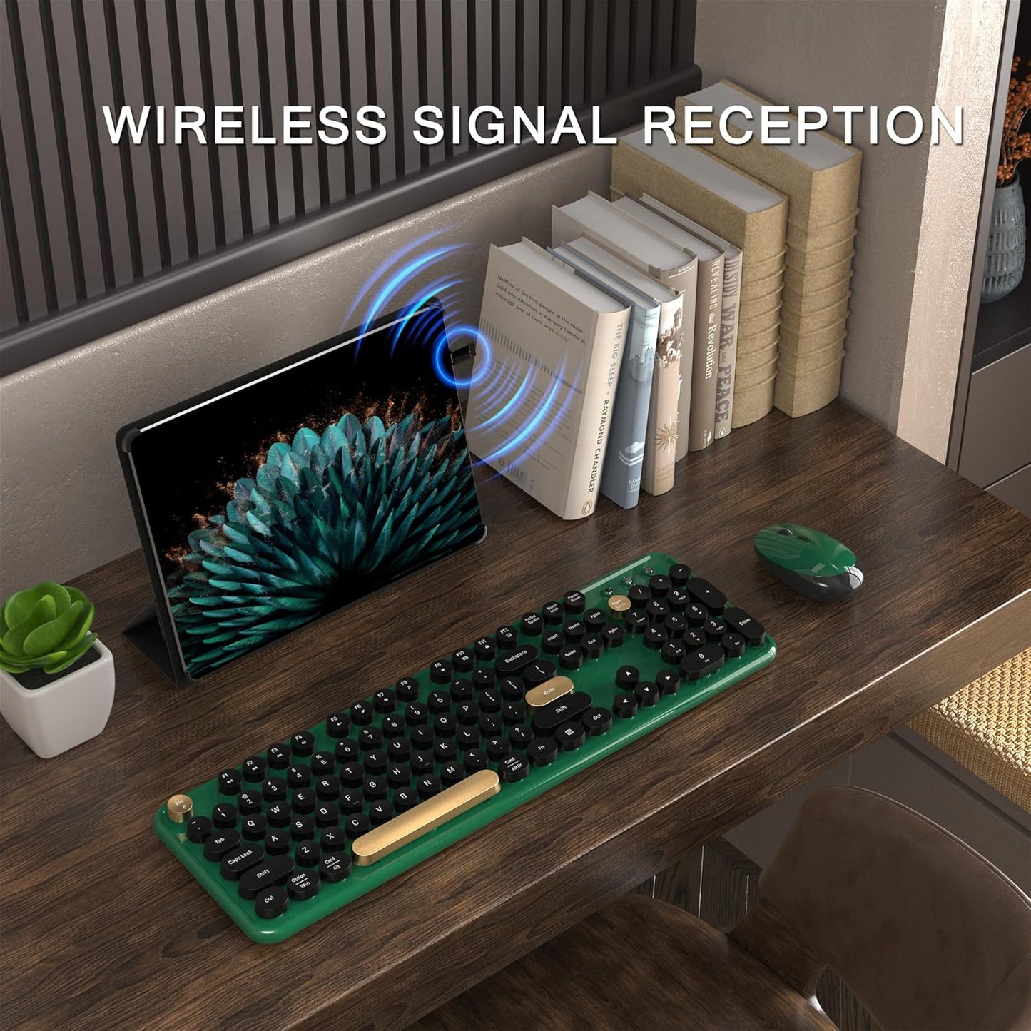 Colorful Wireless Computer Keyboard and Mouse Combo with Round Typewriter Keycaps, Retro Design, Power Switch, Ergonomic Design, 2.4GHz Wireless for Windows, Mac, PC(Dark Green)