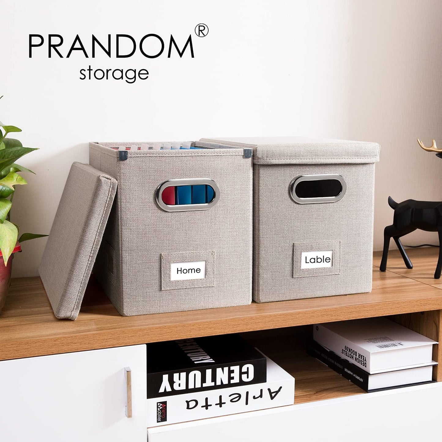 PRANDOM File Organizer Box - Set of 4 Collapsible Decorative Linen Filing Storage Hanging File Folders with Lids Office Cabinet Letter Size Light Grey (14x9.3x10.8 inch)