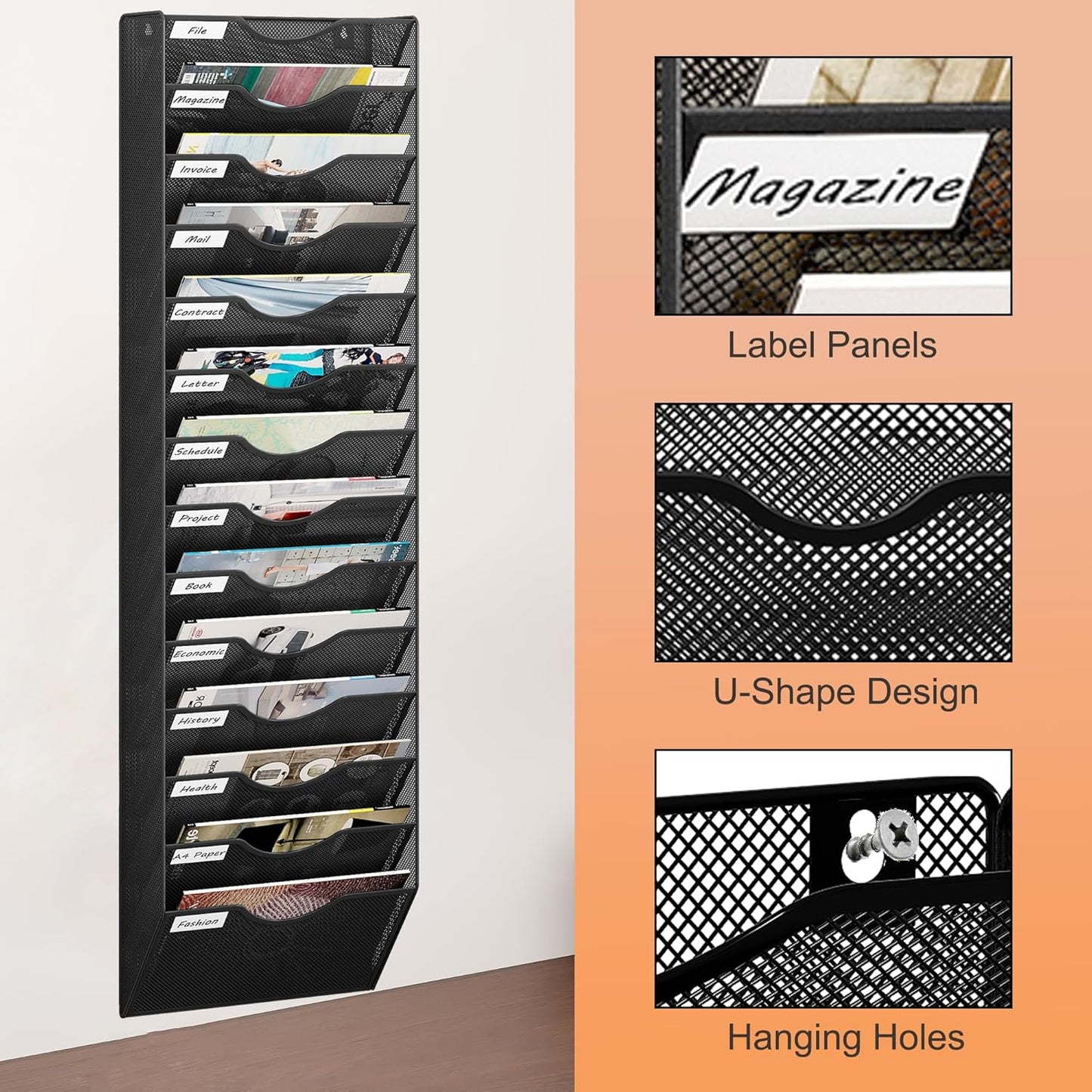 14 Tier Hanging Wall File Holder, Metal A4 Wall Mounted Document Holder, Vertical Hanging Mail Organizer, Magazine Storage Rack with Tray for Office Home Classroom, Black