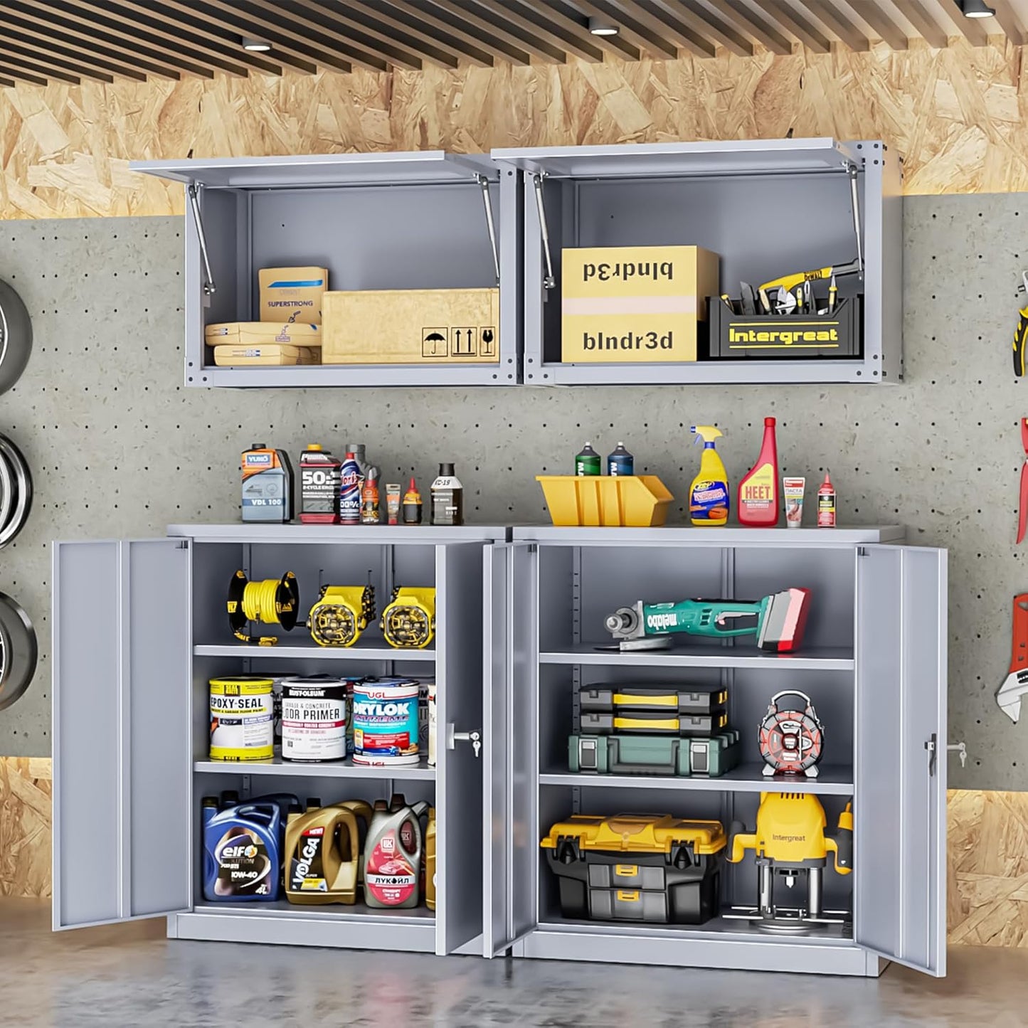 INTERGREAT Metal Cabinet with Lock, Lockable Metal Storage Cabinets with Doors and Shelves for Garage, Cement Grey Locking Garage Storage Cabinets 36"×32"×16"