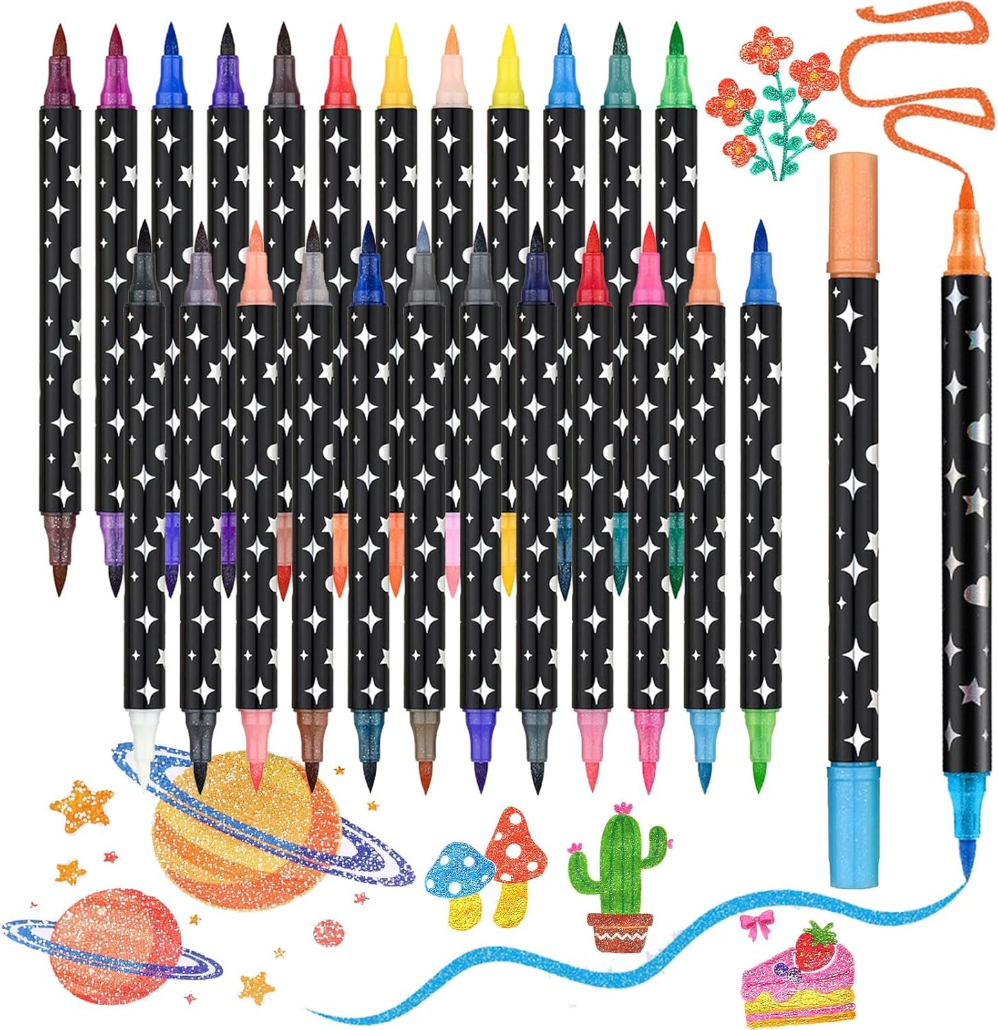 Glitter Markers Pens,48 Colors Dual Tip Brush Glitter Pens Set 24 Pack Sparkle Markers for Art Supplies Scrapbooking, Cards, DIY Crafts, Adults Coloring Books