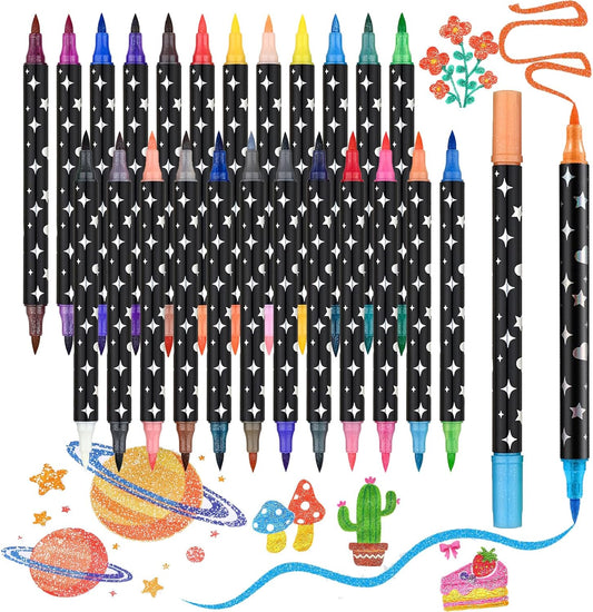 Glitter Markers Pens,48 Colors Dual Tip Brush Glitter Pens Set 24 Pack Sparkle Markers for Art Supplies Scrapbooking, Cards, DIY Crafts, Adults Coloring Books
