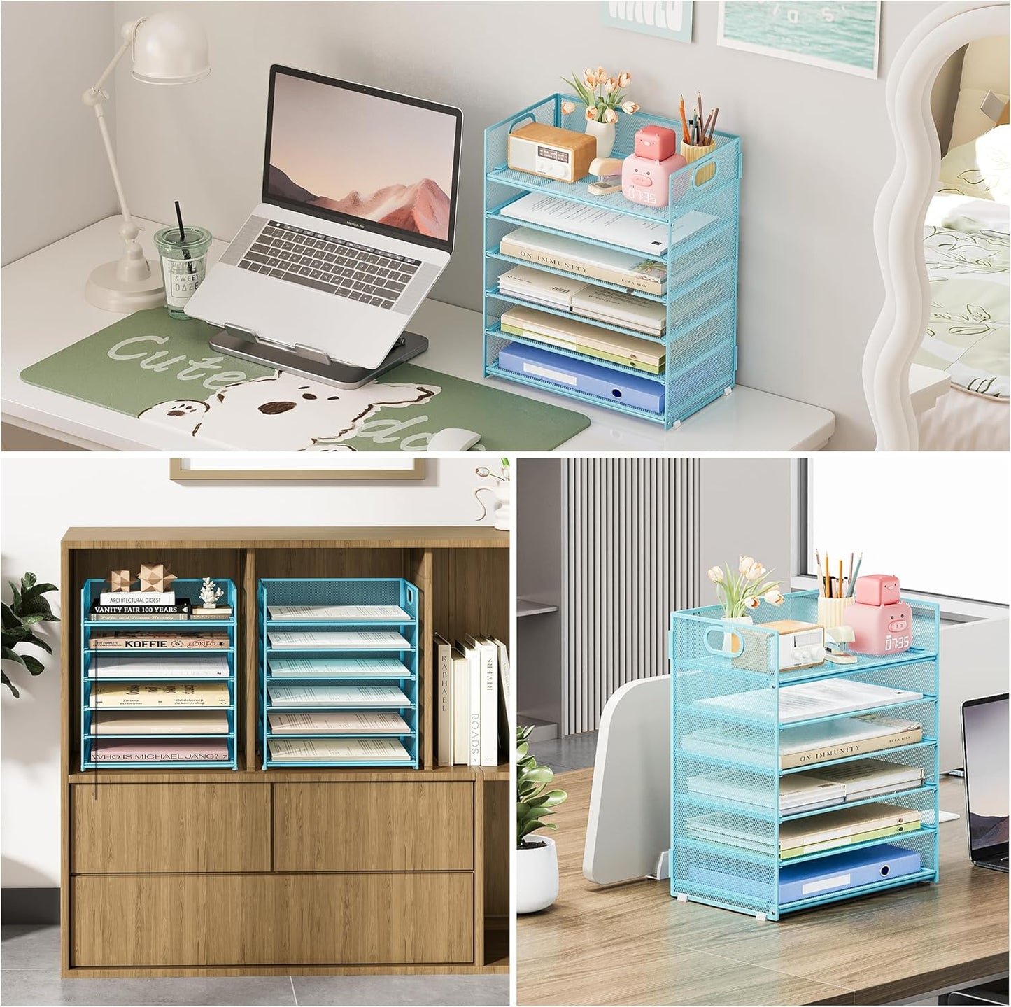 Subekyu 6 Tier Office File Paper Desk Tray Organizer with Handle, Stackable Slide Mesh Letter Tray Folder Blue Desk Organizer, Desktop Document Sorter for Classroom, Office, Home Supplies Storage