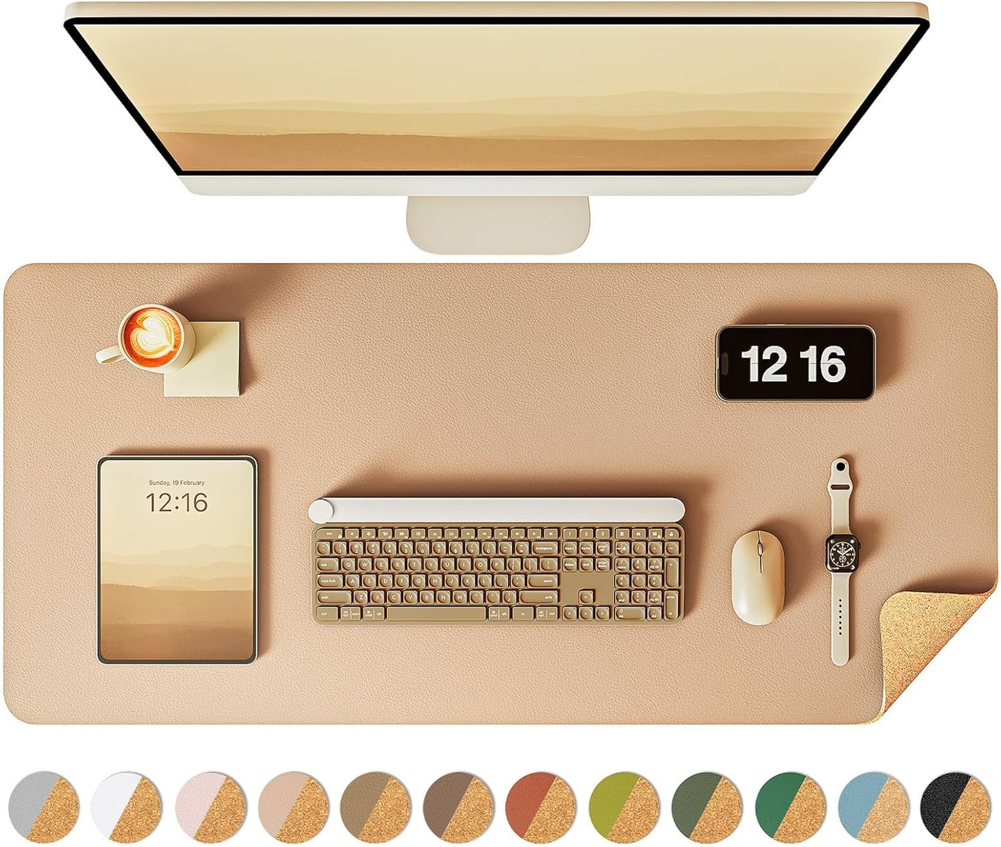 YSAGi Double-Sided Desk Pad, 31.5"x15.7"Leather Desk Mat, Eco Cork Desk Pad Protector,Large Mouse Pad,Waterproof Desk Blotter for Office/Home(Apricot)