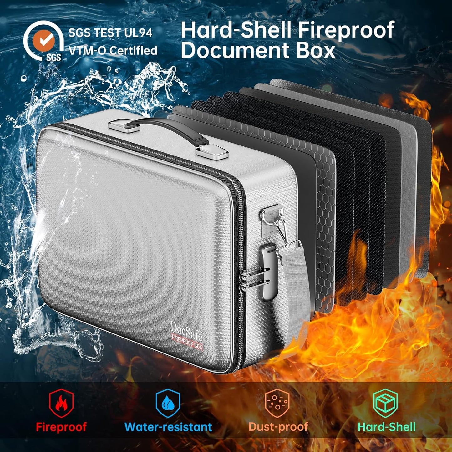 DocSafe Fireproof Document Box with Lock, Hard Case File Organizer with Accordion File Folder, Fireproof Water Resistant Safe Box Home Office Travel Storage for Important Documents Laptop Silver
