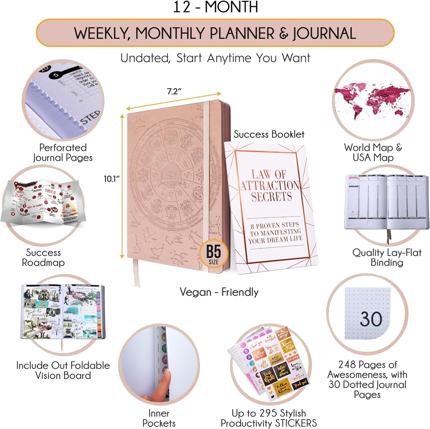 Law of Attraction Planner – Undated Hourly, Weekly & Monthly Goal Setting Planner, 12-Month to Increase Productivity | Life & Gratitude Journal, Include Foldable Vision Board, Gift Box & Stickers