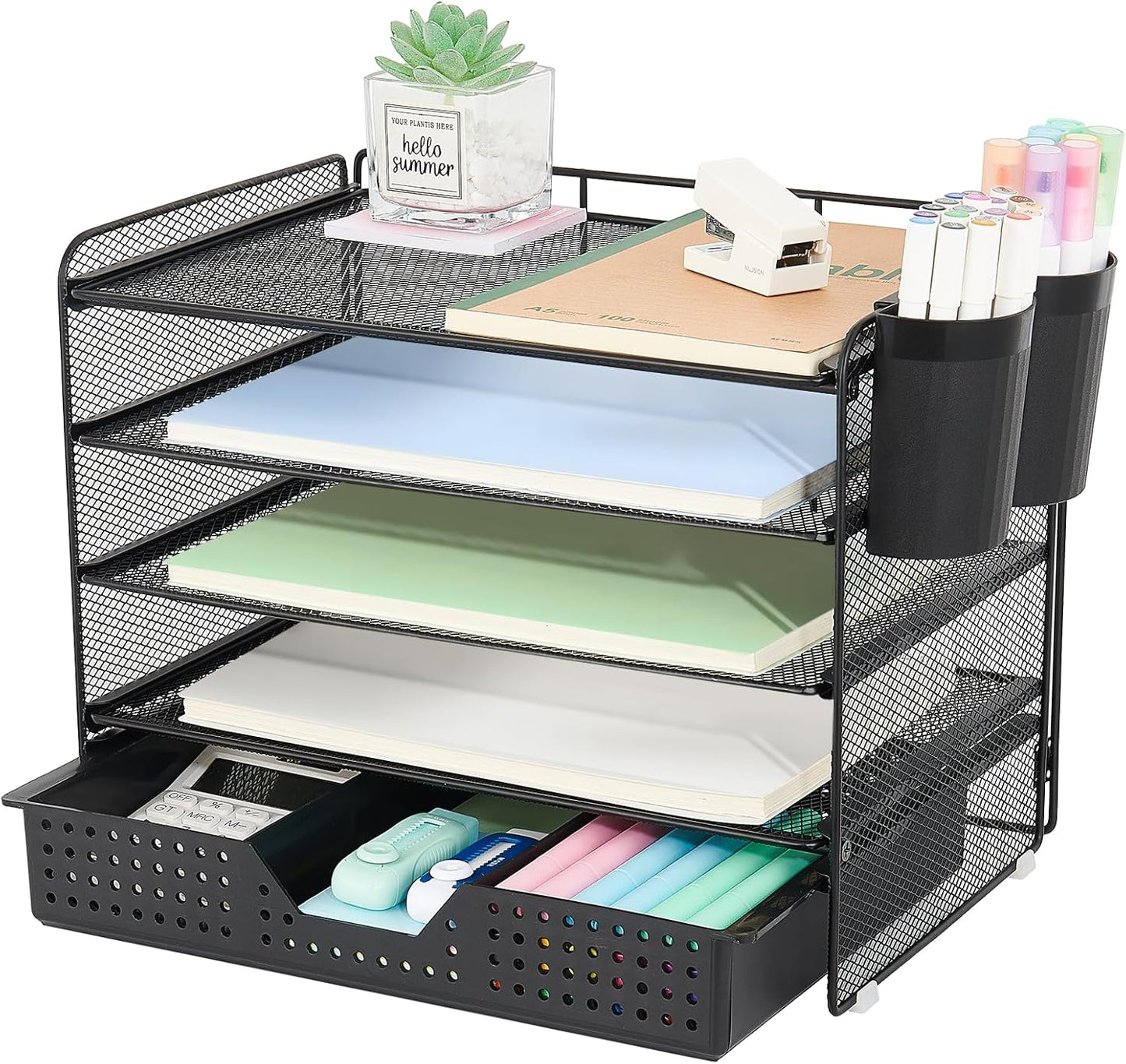 5-Tier Paper Organizer Letter Tray with Drawer & 2 Pen Holders, Desk Organizer and Accessories for Desktop File Workspace Organization, Office Desk Accessories Office Supplies Storage (Black)