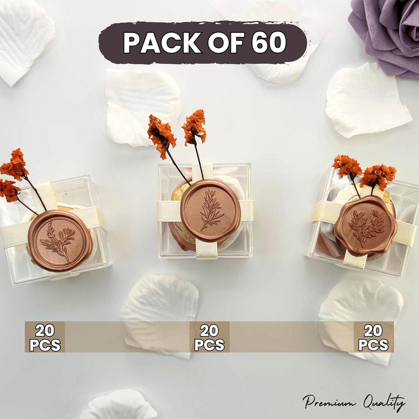 Wax Seal Stickers (60 Pcs, 3 Designs in 1 Pack) Premium Envelope Seal Stickers for Wedding Invitation Envelopes, Adhesive Wax Seals, Perfect for Seating Chart, Gift Wrapping