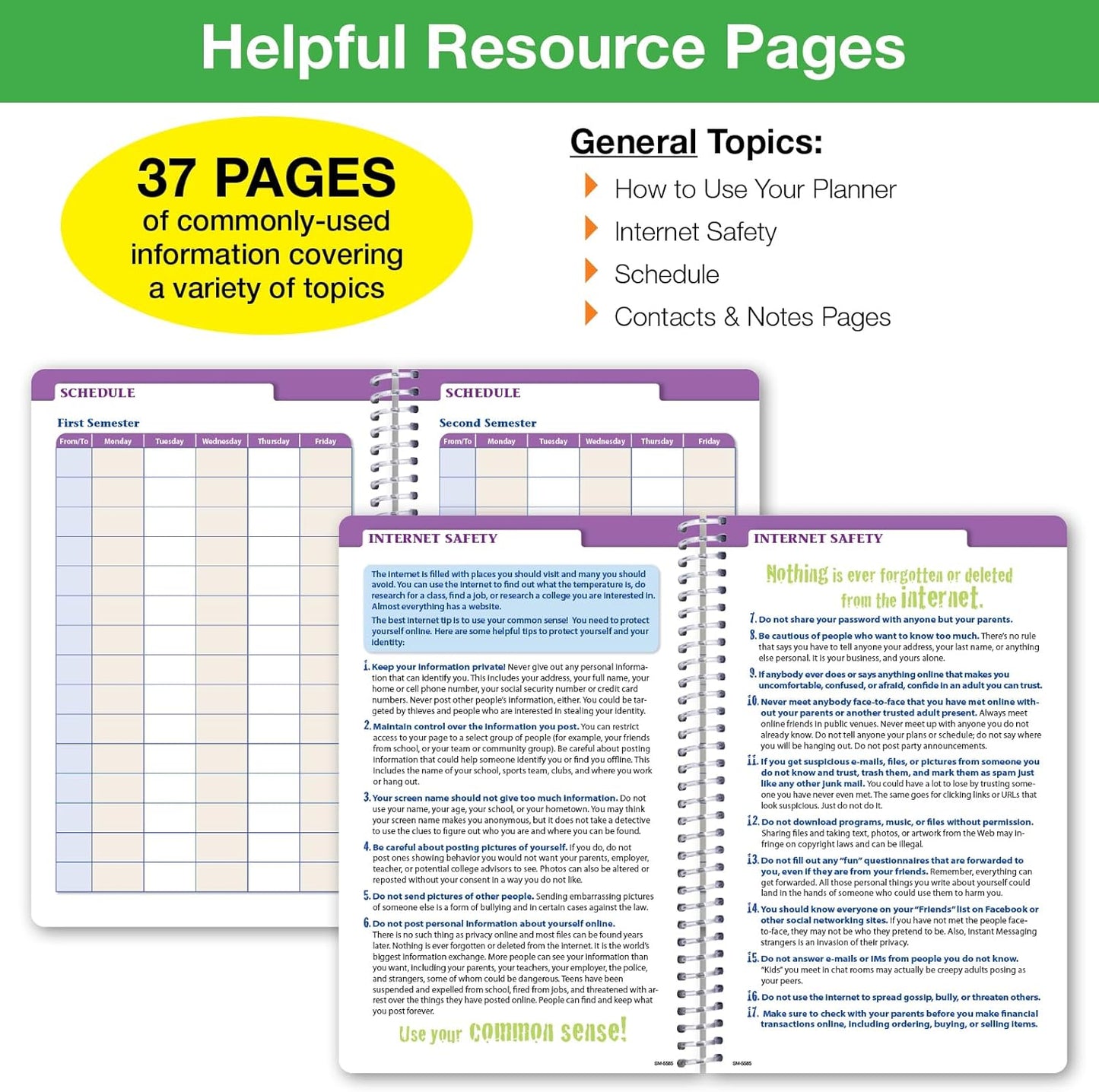 Global Datebooks Dated Middle School or High School Student Planner for Academic Year 2025-2026 Includes Ruler/Bookmark and Planning Stickers (Matrix Style - 5.5"x8.5" - Triple Stripe)