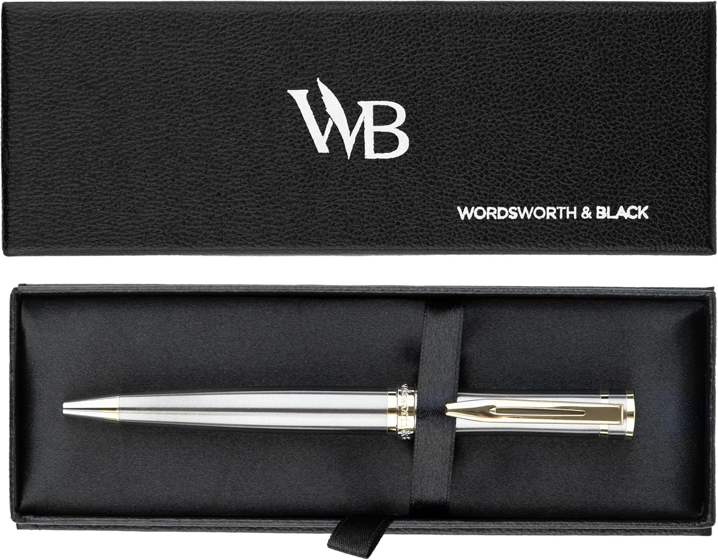 Wordsworth and Black Luxury Ballpoint Pen Set - Silver Lacquer 24K Gold Finish, Refillable Fine Point, Elegant Gift for Men & Women, Includes Ink Refill, Nice Pens for Work