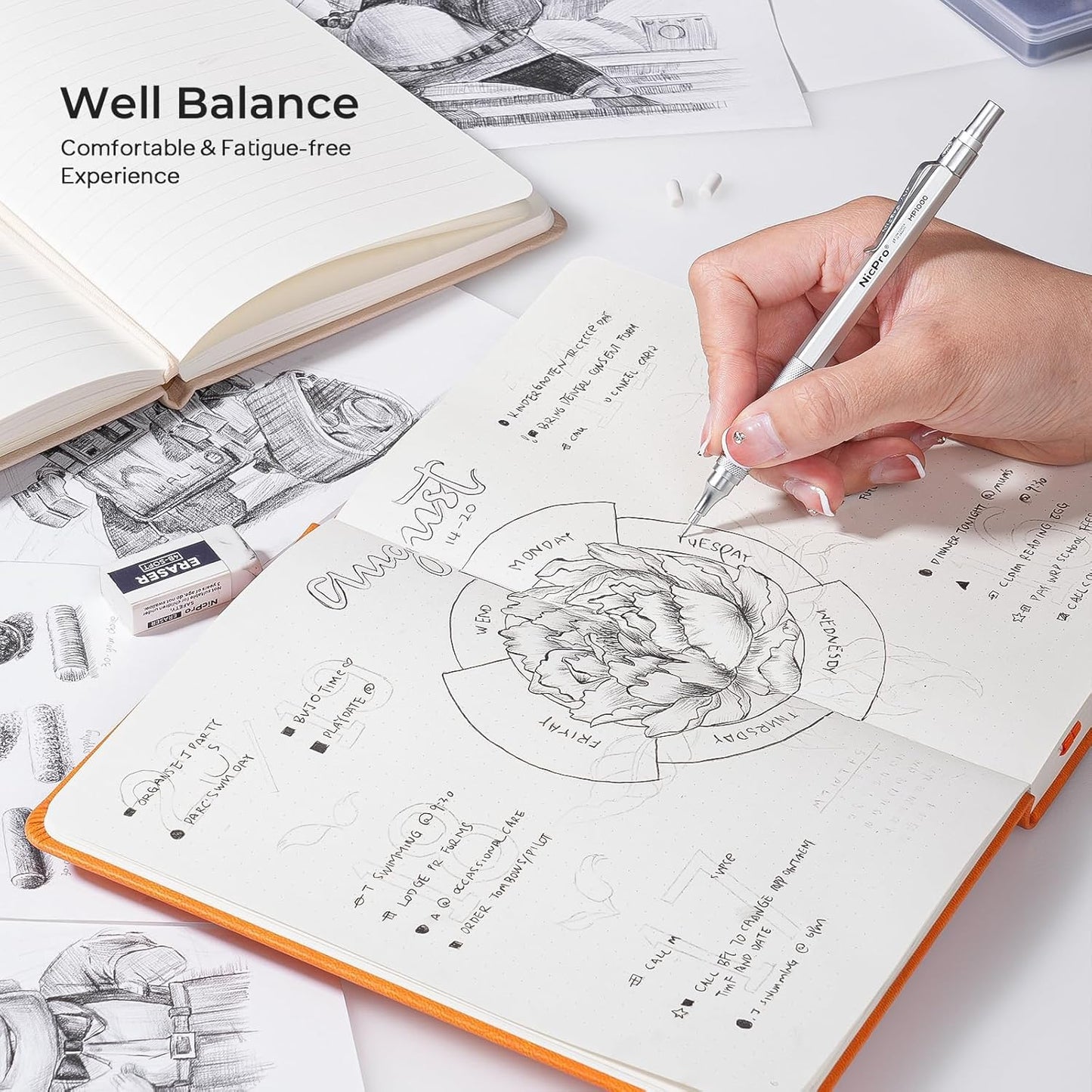 Nicpro 45PCS Black & Silver Metal Mechanical Pencil Set in Leather Case, Art Drafting Pencil 0.5, 0.7, 0.9 mm, 2mm Lead Holders for Sketching Drawing With 27 Tube (6B 4B 2B HB 2H 4H Colors)Lead Refill