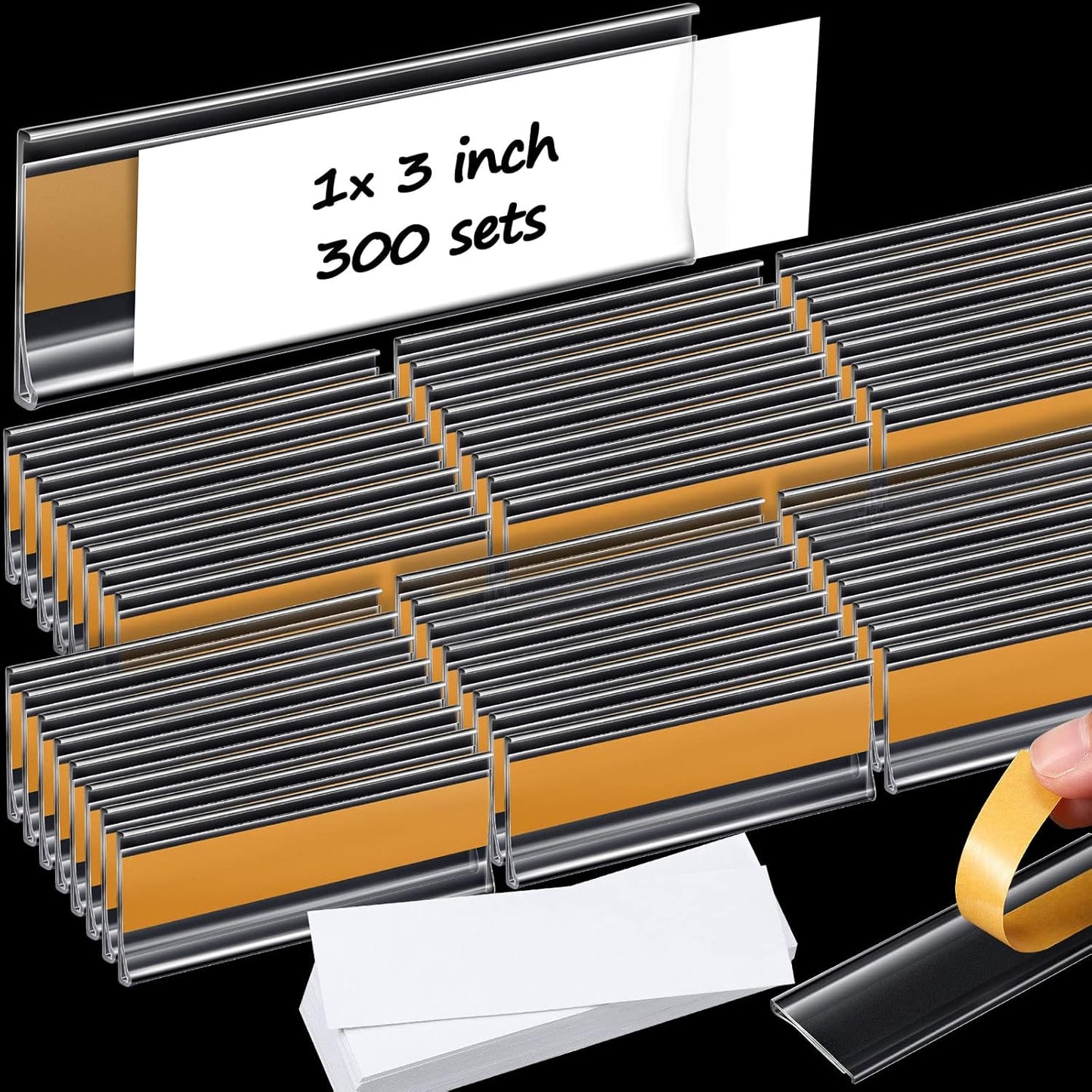 Yexiya 300 Pieces 3 x 1 Inch Self Adhesive Label Holders with Paper Label Inserts Clear Shelf Tag Label Holders Plastic Price Tag Holder for Supermarket Library Bookshelves Mailbox Storage Bins