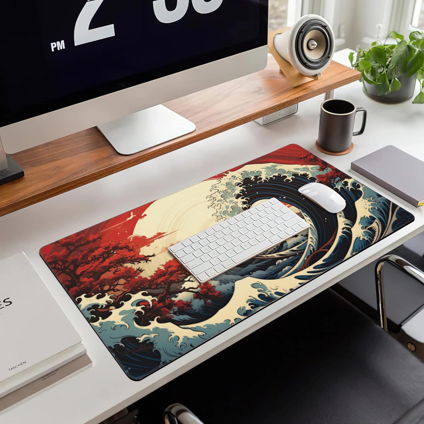 Extended Large Gaming Mouse Pad, Japanese Great Wave Sunset Large Desk Mat for Desktop, Non-Slip Rubber Base Stitched Edges Long Computer Keyboard Desk Pad Mouse Mat for Home Office 35.4"X15.7"