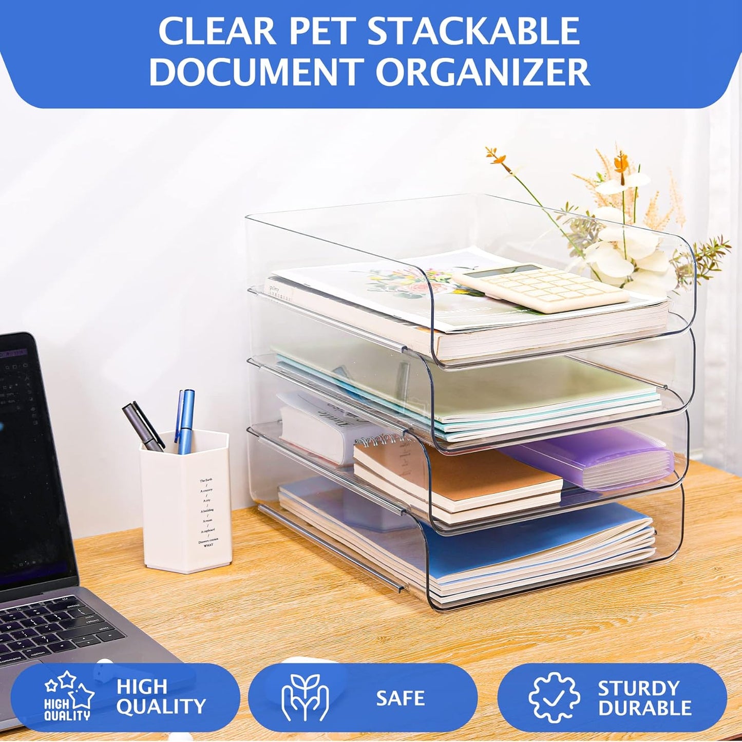 Set of 4 Office Organization and Storage, Clear PET Letter Tray Desk Organizer, Stackable Paper Tray Organizer for Desk Accessories, Notes, Pens, File Paper, Document