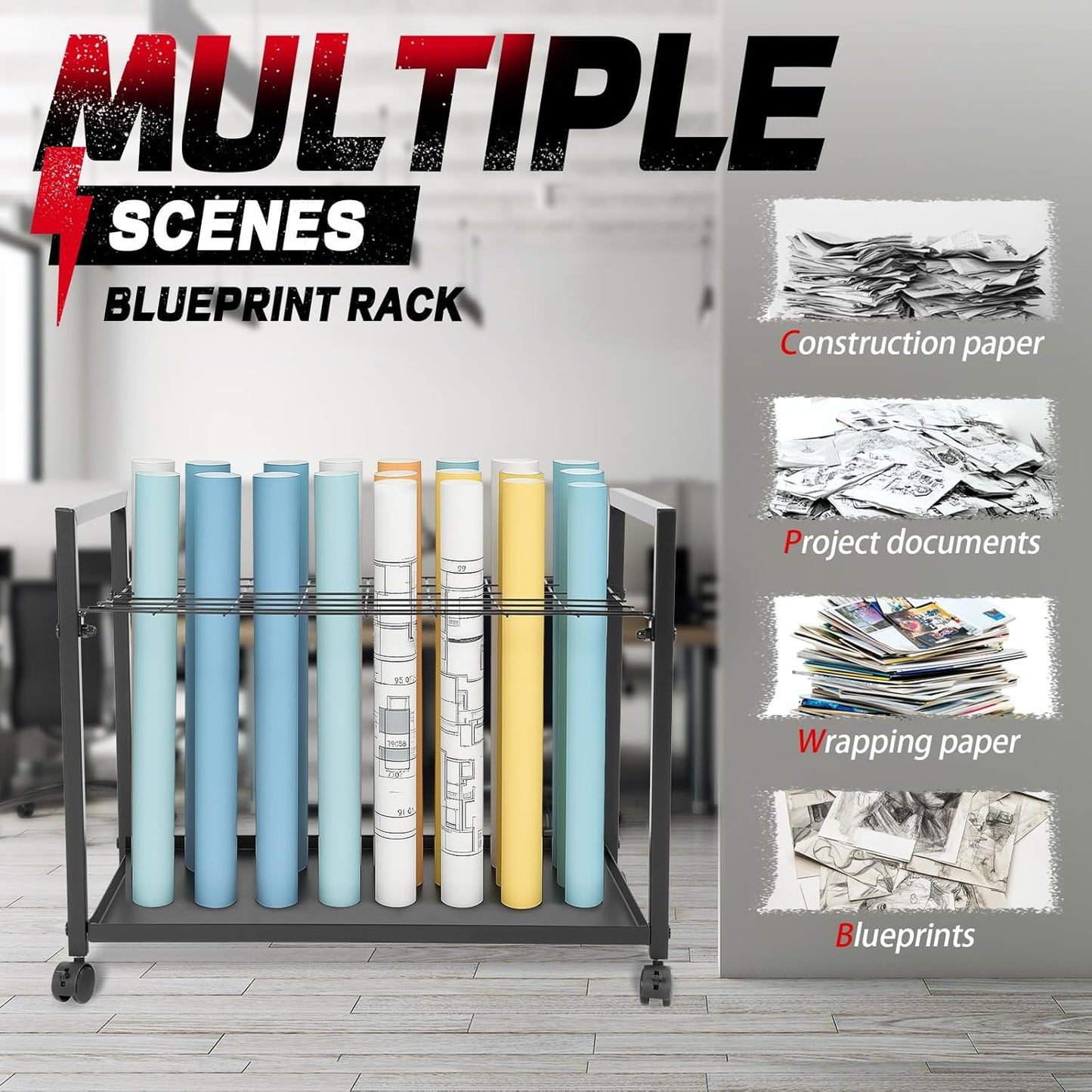 Blueprint Storage Rack 48 Slots Portable Architectural Plan Organizer with Wheels Blueprint File Storage Organizer Map Poster and Drawings Display Rack for Home, Office, School