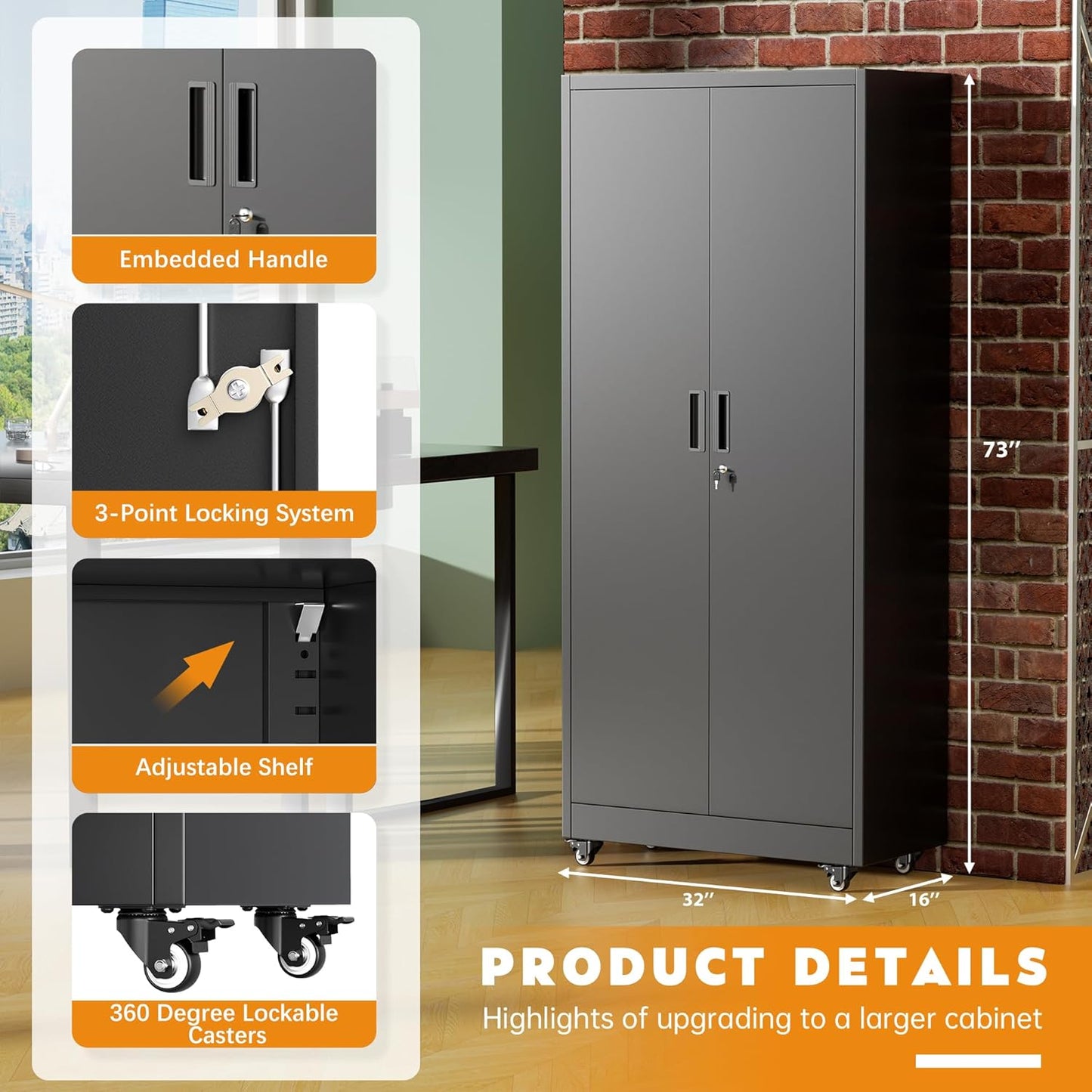 Greenvelly 74" Metal Storage Cabinet with Wheels, Lockable Rolling Metal Garage Cabinets with 2 Doors and 4 Adjustable Shelves, Rolling Tool Cabinet for Garage, Home Office, School