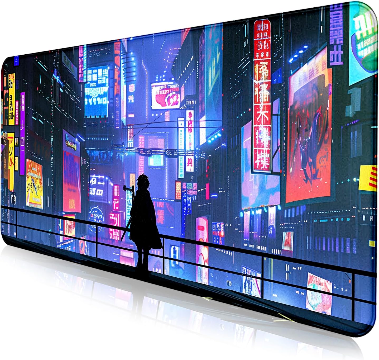 Tokyo Street Cute Large Gaming Mouse Pad, Purple Blue Anime City XXL, 35.4L x 15.7W inches, Fabric, Polyvinyl Chloride, Office Products