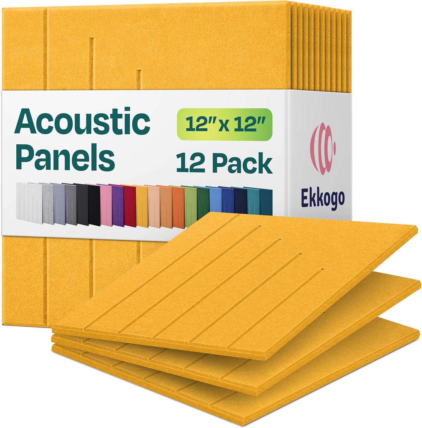 Acoustic Panels 12-Pack Soundproof Wall Panels 12"x12"x0.4" Decorative Sound Dampening for your Home, Office, Studio, Bedroom & More with Unique LineWave Carving [Yellow Orange Gold]