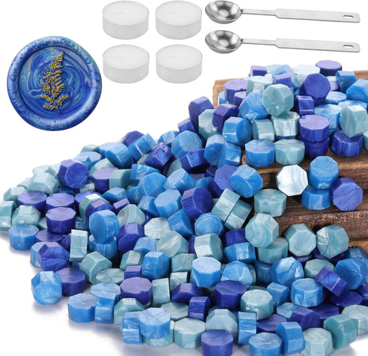 Yoption 300 Pieces Blue Mix Sealing Wax Beads, Vintage Octagon Beads With 4 Candles and 2 Melting Spoons for Seal Stamp (Blue Mix)