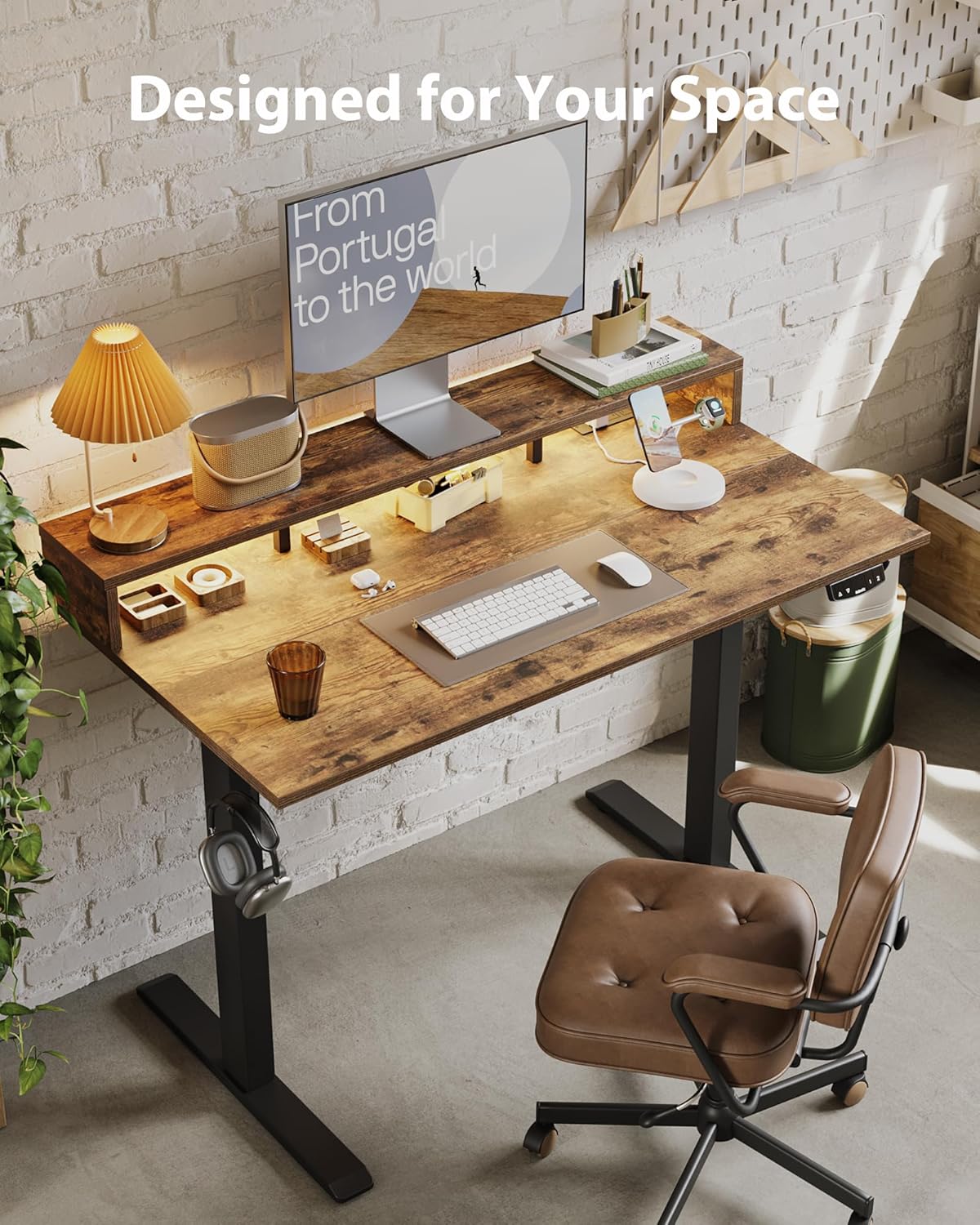 Electric Height Adjustable Standing Desk with Power Outlet and LED Light Strip, Sit to Stand, Ergonomic 48x24 Rising Desk with Memory Presets, Home Office Workstation, Computer Gaming Table, Brown