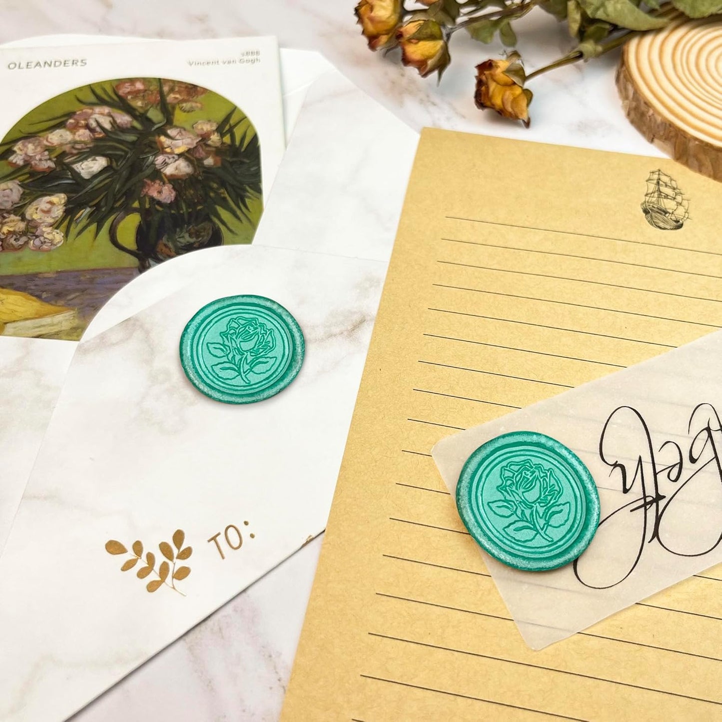 25Pcs Wax Seal Stickers Handmade Envelope Seals Self Adhesive Wax Stickers for Wedding Party Invitations, Envelope, Gift Wrap, Christmas(Rose Style, Cyan)