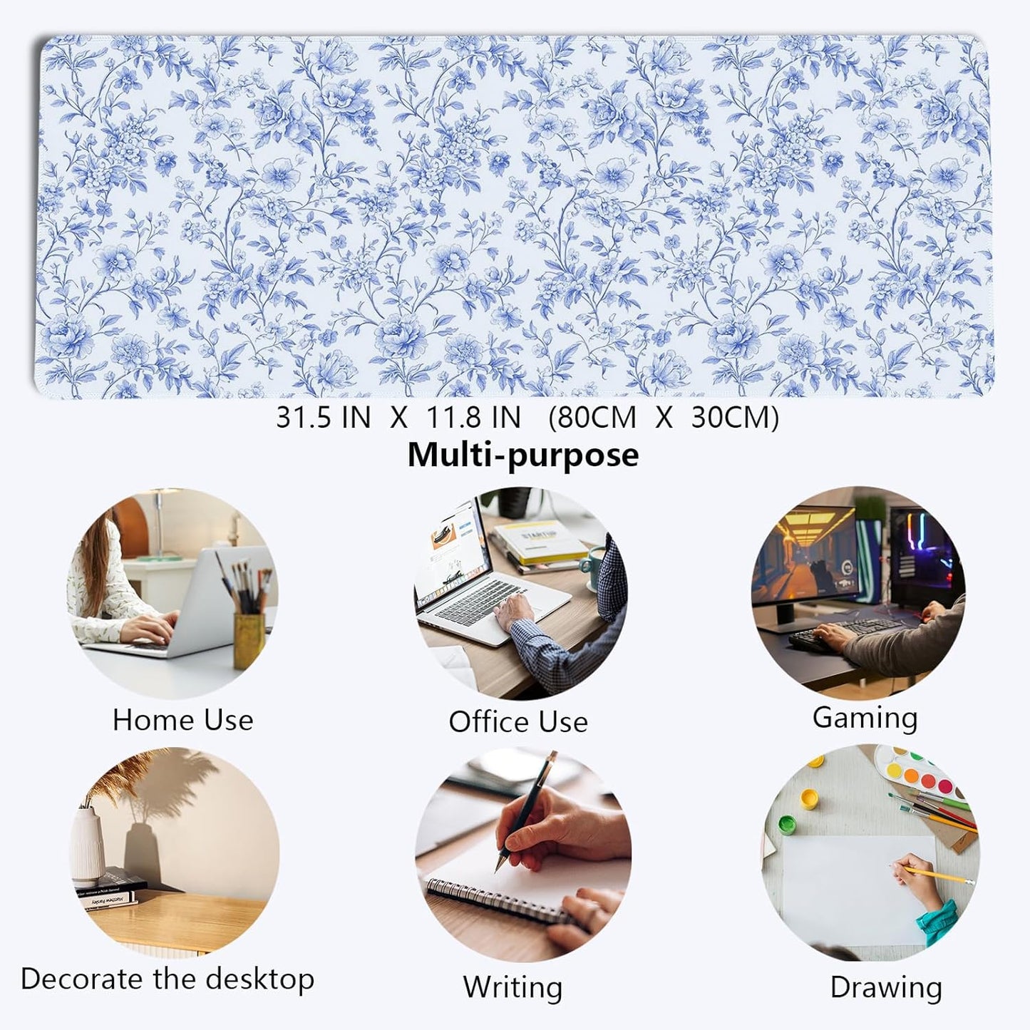 Light Blue Chinoiserie Mouse Pad,Vintage Blue And White Floral Desk Mat,XL Large Vintage Floral Preppy Mouse Pad,Girly Gaming Mousepad,Girly Laptop Desk Mat For Dorm Home Office,31.5x11.8 Inch