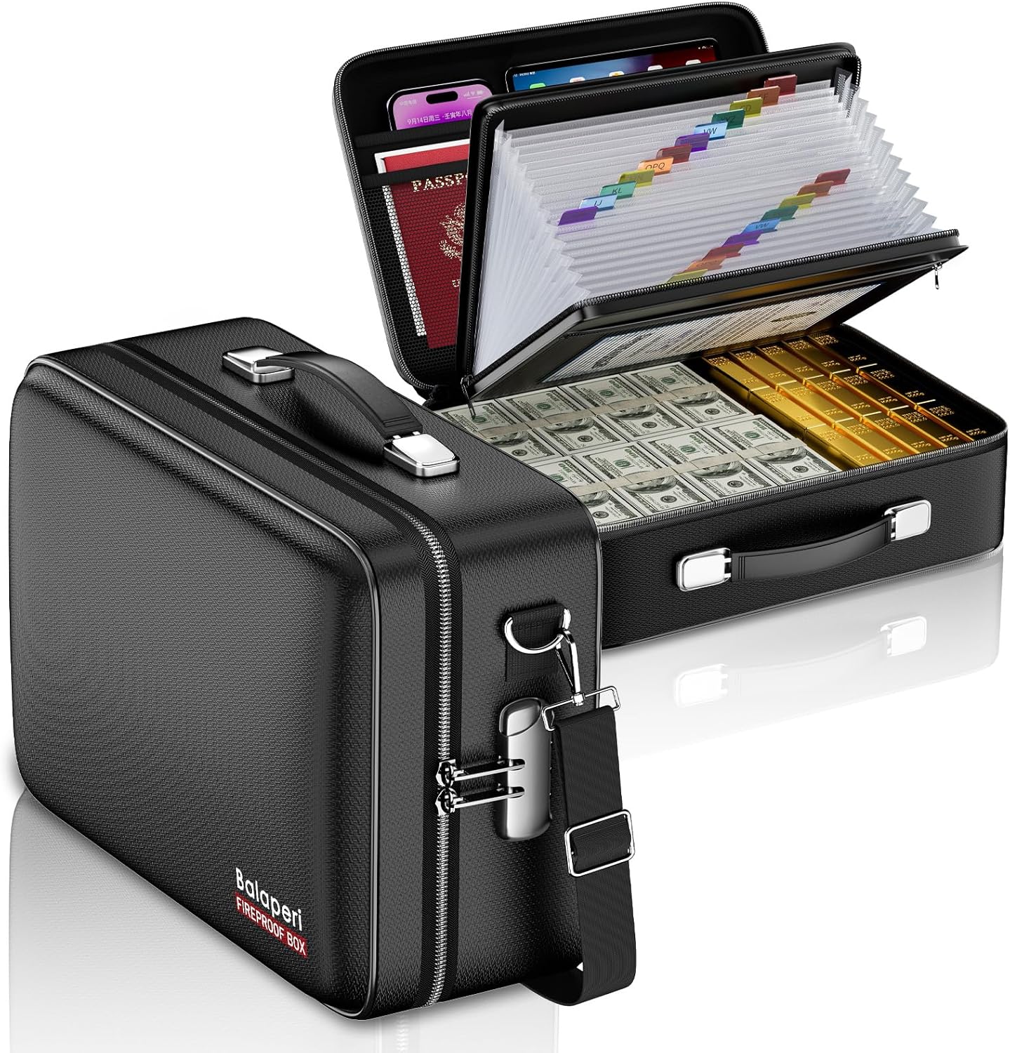 Fireproof Document Box with Fireproof Zipper,File Organizer Hard Case with Lock,Portable Document Safe for Important Document Laptop Valuables(Black,15.8"x5.9"x12.6")