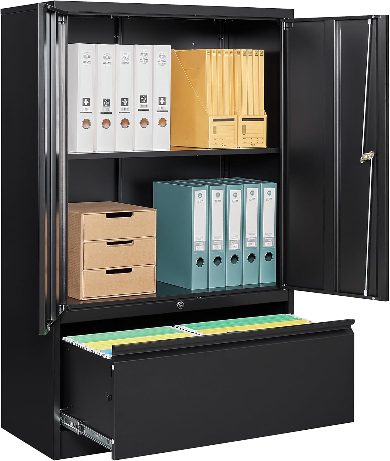 SISESOL Black Lateral File Cabinet with Lock,51" Locking Filing Cabinet with Doors and Shelves,Metal Storage Cabinets with Drawer for Home,Office,Garage,School,Fit A4/Letter/Legal File (1 Drawer)