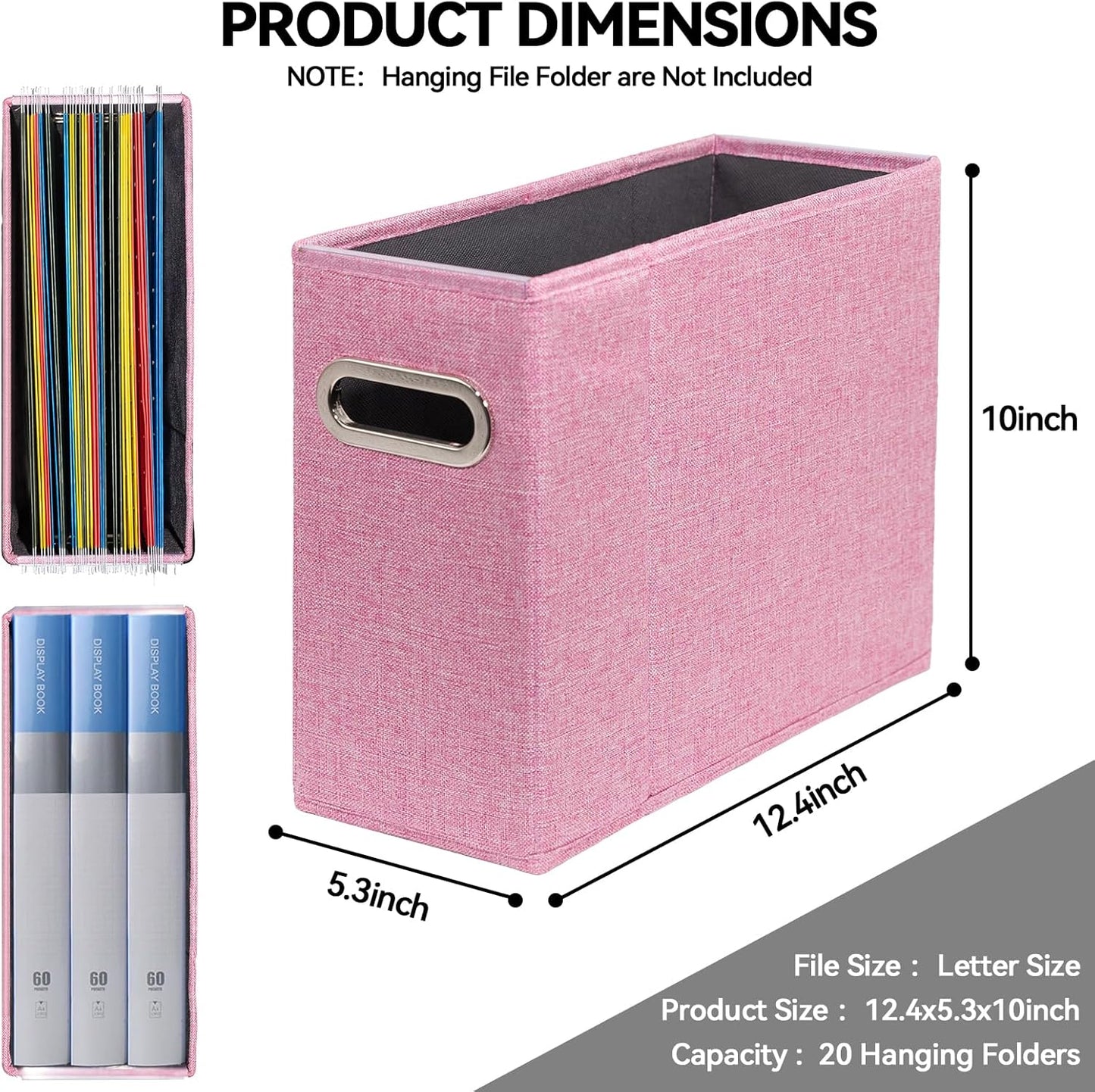 4 Packs Letter Size File Organizer, File Folders Organizer, Fabric Storage Box, Collapsible Paper Organizer with Metal Handle, Smooth PVC Rails, Only Box (Pink)