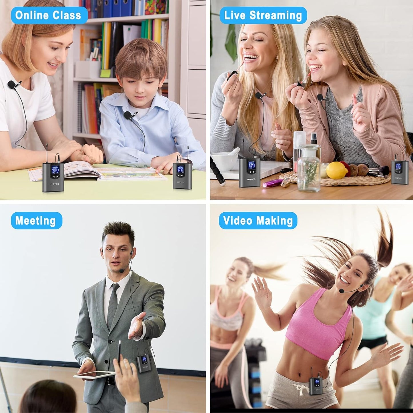 HOTEC UHF Wireless Microphone System with Dual Lapel/Lavalier and Headset Microphones Over PA, Mixer, Speaker, Karaoke Machine for Church, Training, Classroom, Interview (H-K25)