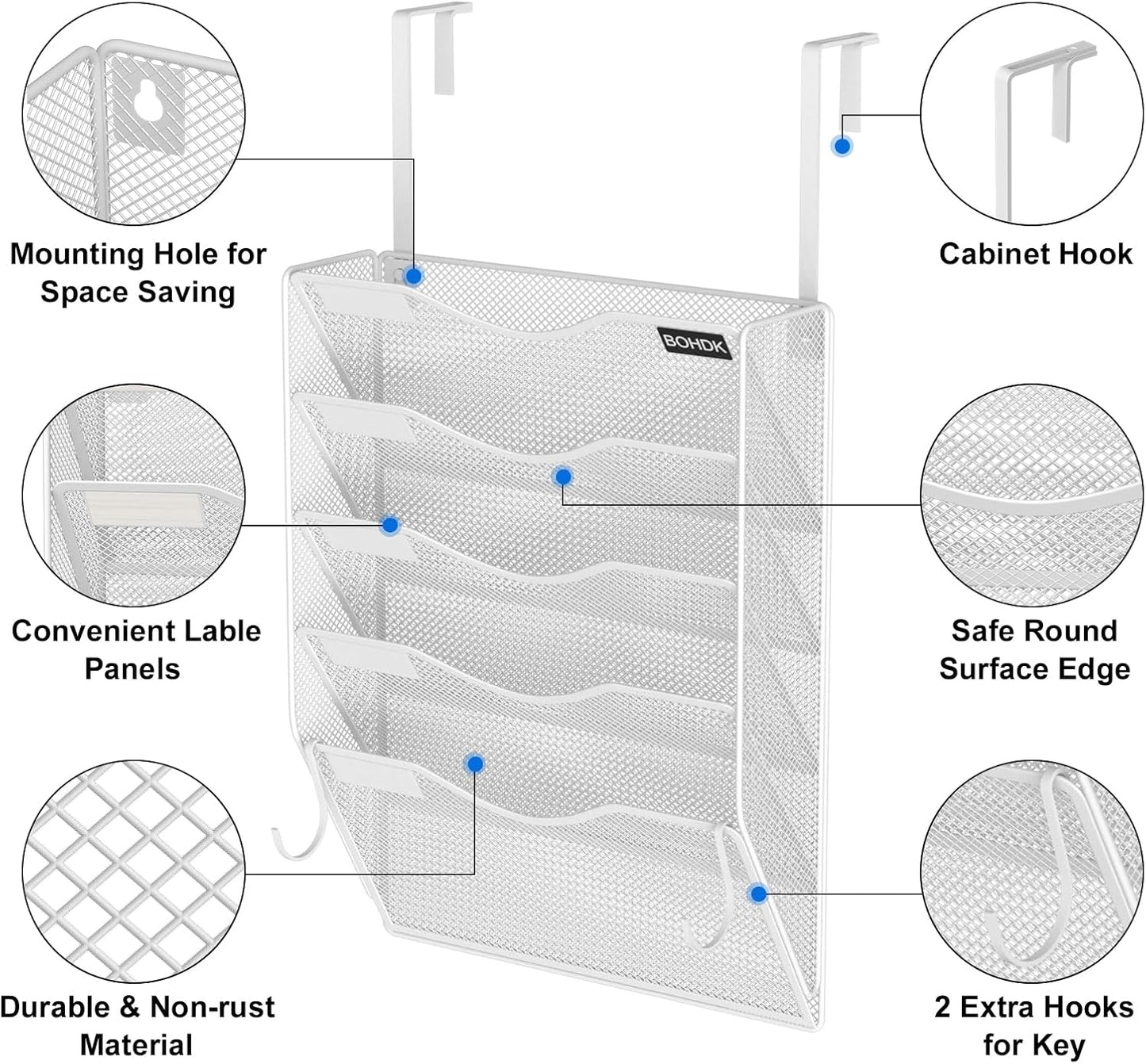 Wall File Organizer, 5 Tire Hanging File Folder Organizer, Vertical Mesh Metal Door/Wall Mount Hanging File Holder, Paper Document Magazine Rack with Hooks for Home Office White