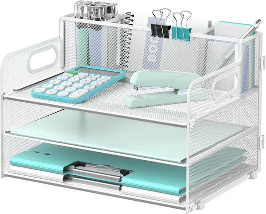 SUPEASY 3 Tier Desk Organizer with Handle & 3 Pen Holders, Mesh Paper/File Organizer for Desk, Paper Letter Tray Organizer for Office Supplies (White), 1 Pack, 3CST-3PH