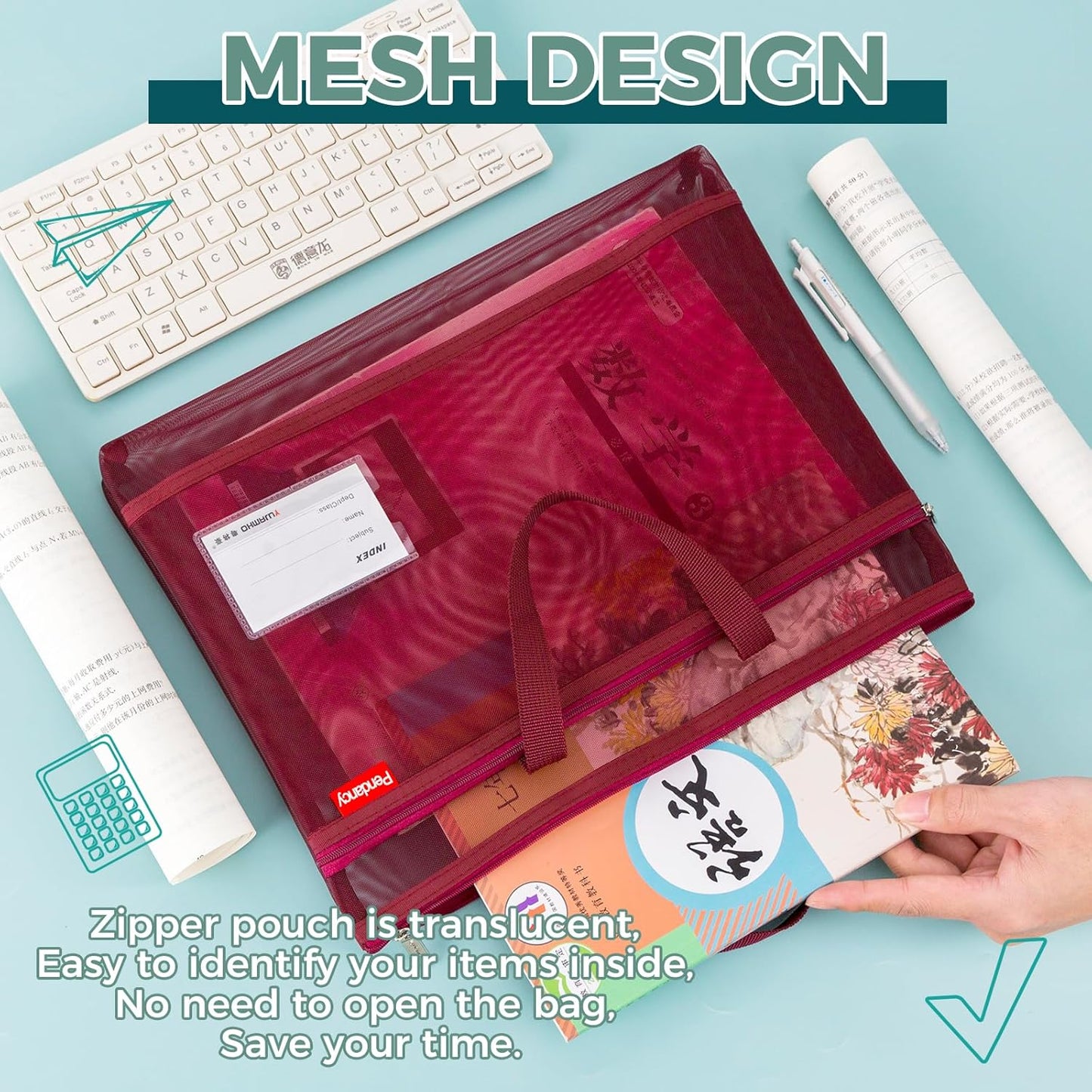 Pendancy Mesh Zipper Pouch A3 Size, Large Double Pocket Lightweight Nylon Transparent File Bag with Handle, 13x17 in Foldable Document Storage for Puzzle Project/Cross Stitch/Travel/Office (Red)